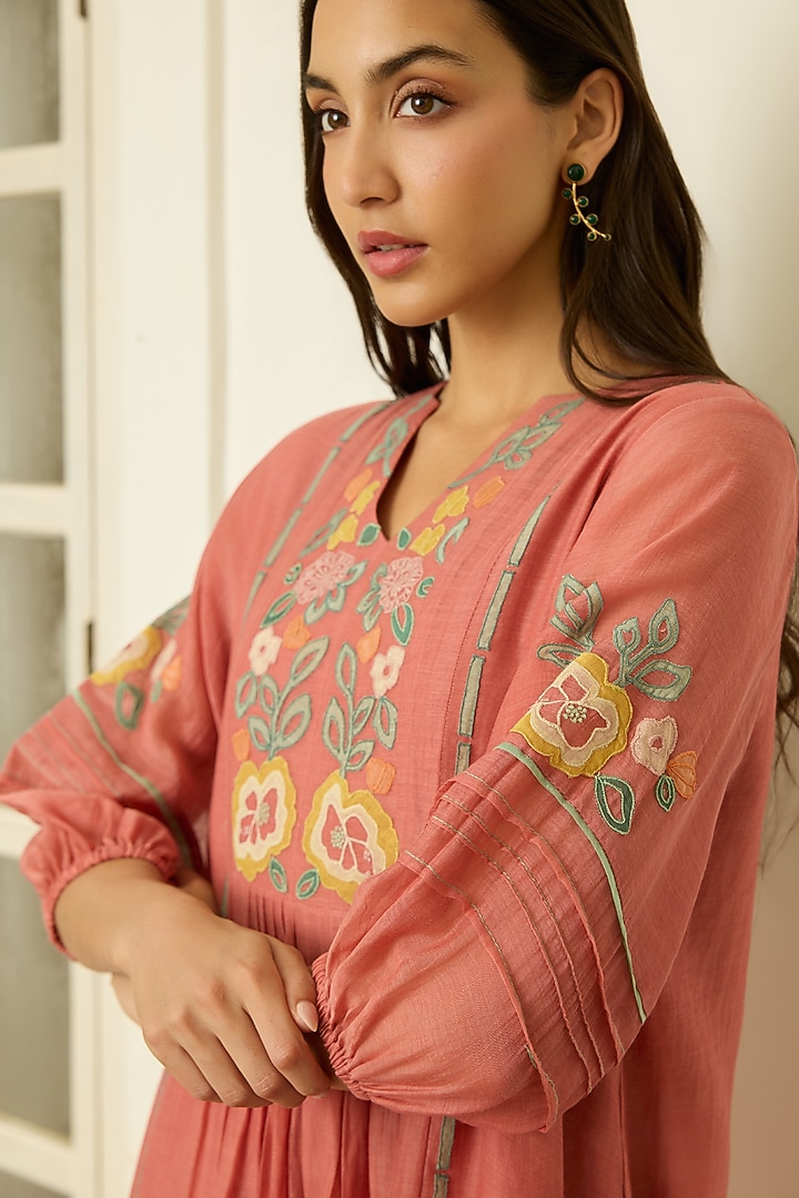 Blush Muslin Cotton Floral Applique Embroidered Summer Dress by Vaayu at Pernia's Pop Up Shop