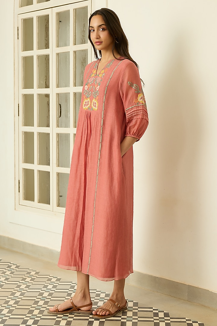 Blush Muslin Cotton Floral Applique Embroidered Summer Dress by Vaayu at Pernia's Pop Up Shop