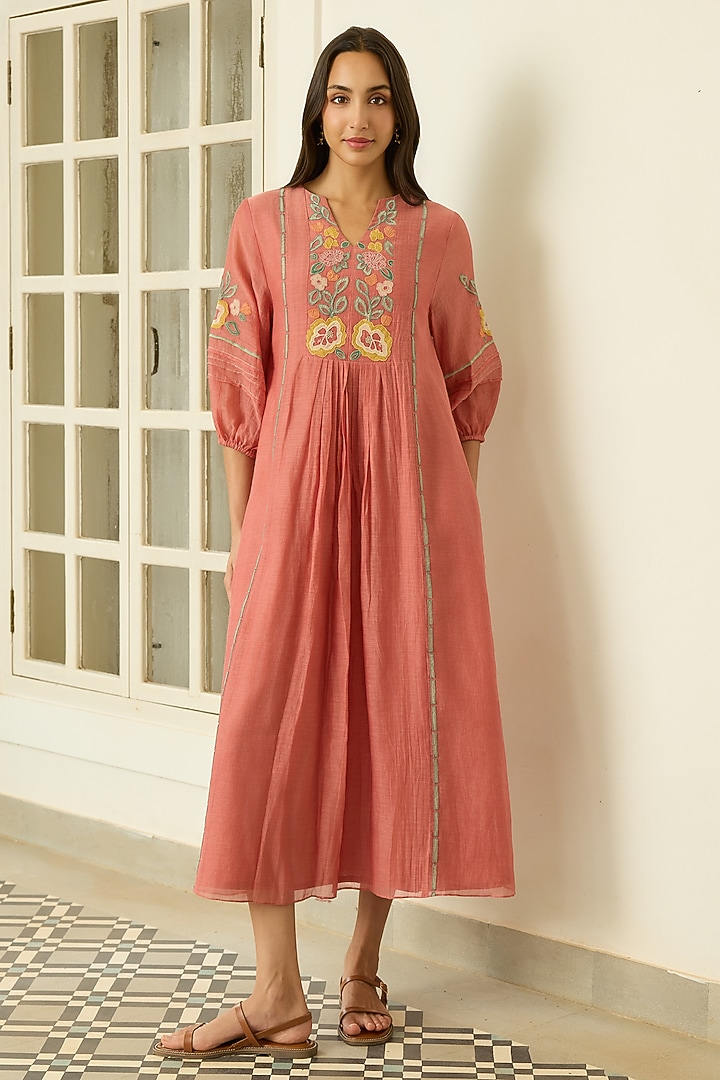 Blush Muslin Cotton Floral Applique Embroidered Summer Dress by Vaayu at Pernia's Pop Up Shop