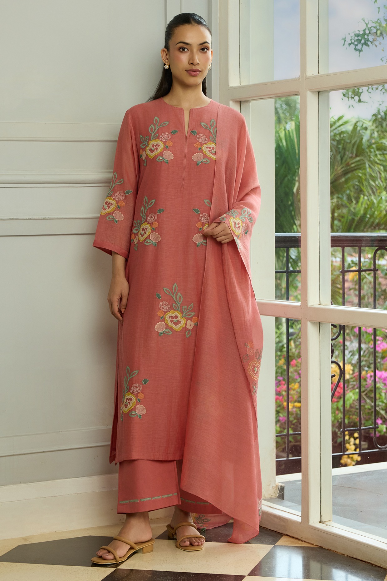 Vaayu Blush Muslin Cotton Floral Applique Embroidered Kurta Set