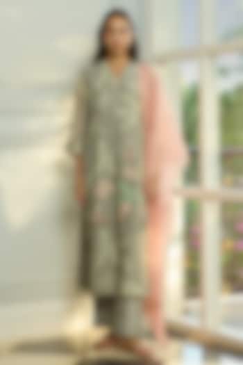 Slate-Colored Muslin Cotton Thread Embroidered Kurta Set by Vaayu at Pernia's Pop Up Shop