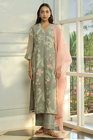 Slate-Colored Muslin Cotton Thread Embroidered Kurta Set by Vaayu