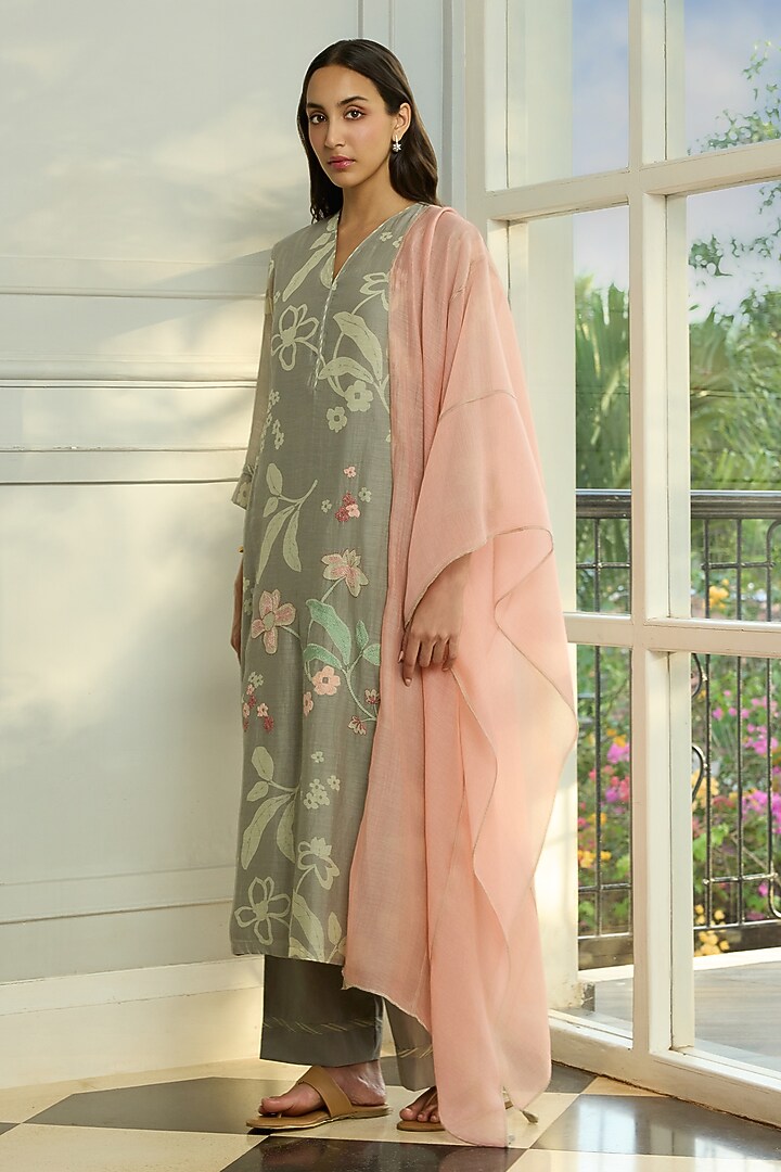 Slate-Colored Muslin Cotton Thread Embroidered Kurta Set by Vaayu at Pernia's Pop Up Shop