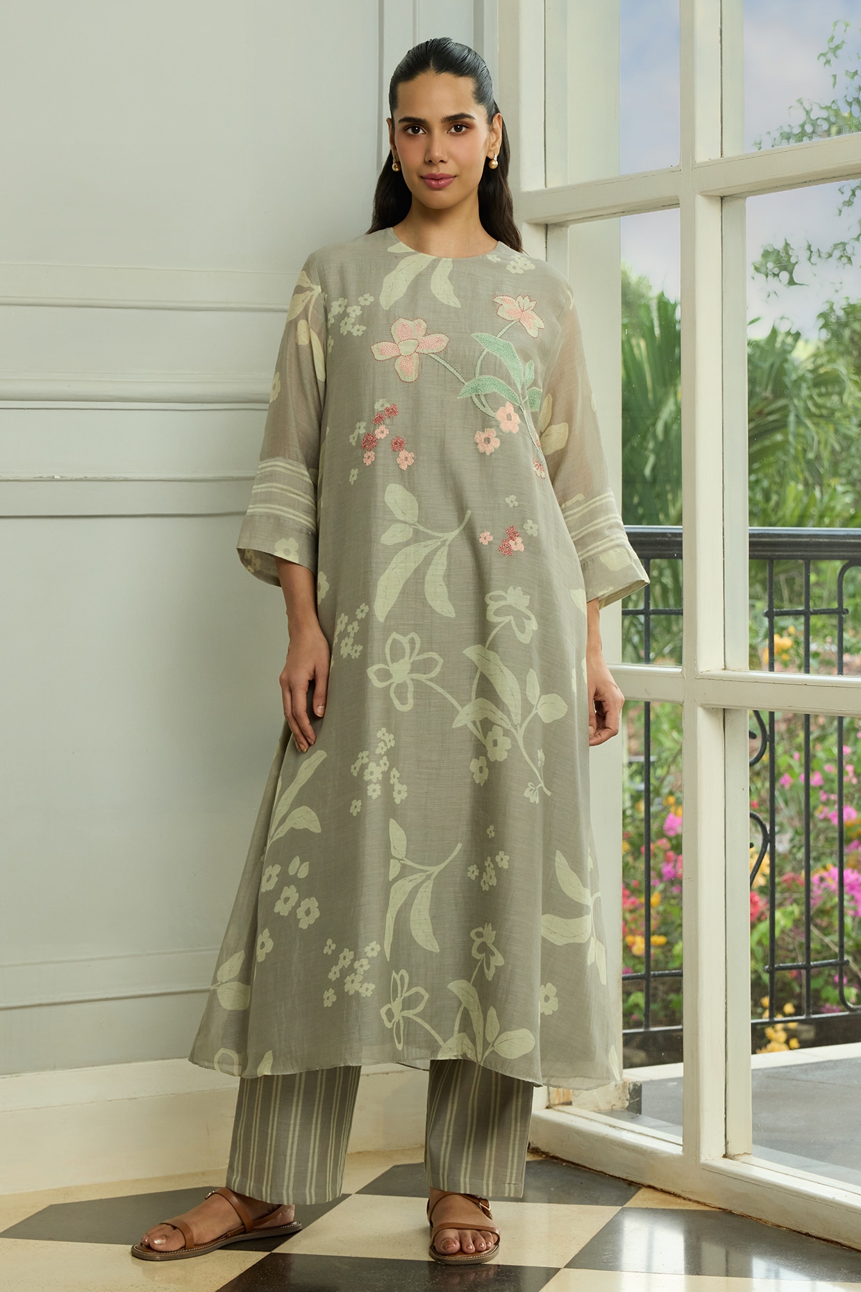 Vaayu Slate-Colored Muslin Cotton Printed & Thread Embroidered Co-Ord Set