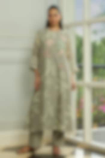 Slate-Colored Muslin Cotton Printed & Thread Embroidered Co-Ord Set by Vaayu at Pernia's Pop Up Shop