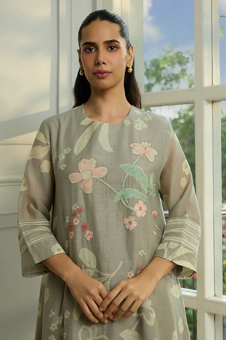 Slate-Colored Muslin Cotton Printed & Thread Embroidered Co-Ord Set by Vaayu at Pernia's Pop Up Shop