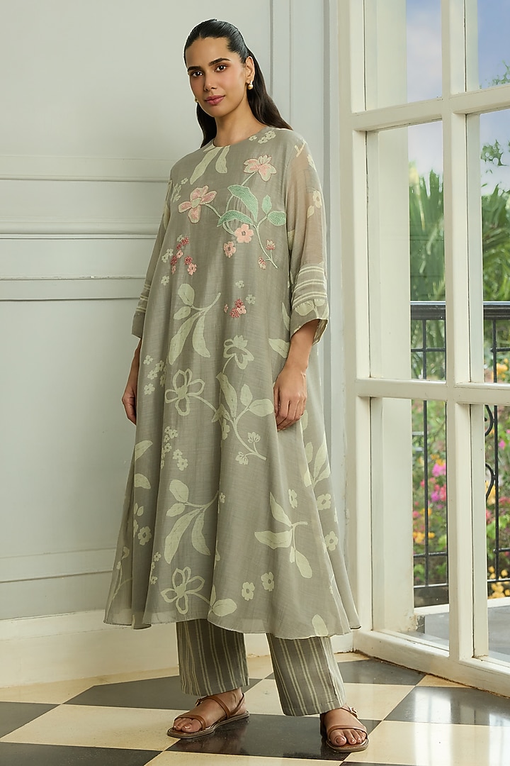 Slate-Colored Muslin Cotton Printed & Thread Embroidered Co-Ord Set by Vaayu at Pernia's Pop Up Shop