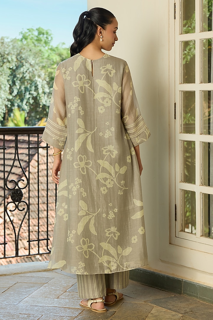 Slate-Colored Muslin Cotton Floral Printed & Thread Embroidered Kurta Set by Vaayu at Pernia's Pop Up Shop