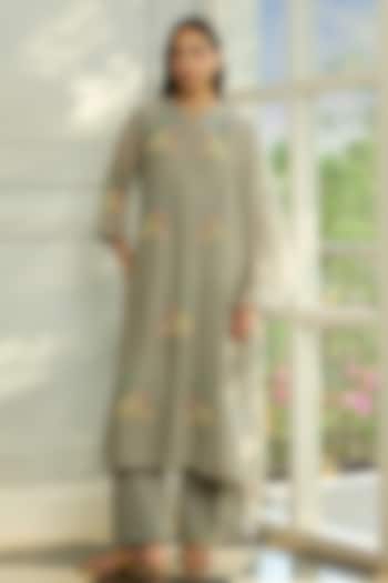 Slate-Colored Muslin Cotton Applique Motifs Embroidered Kurta Set by Vaayu at Pernia's Pop Up Shop