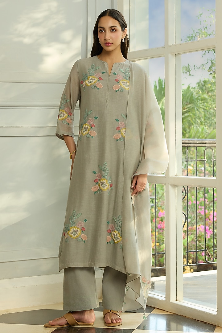 Slate-Colored Muslin Cotton Applique Motifs Embroidered Kurta Set by Vaayu at Pernia's Pop Up Shop