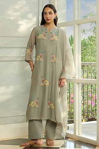 Slate-Colored Muslin Cotton Applique Motifs Embroidered Kurta Set by Vaayu
