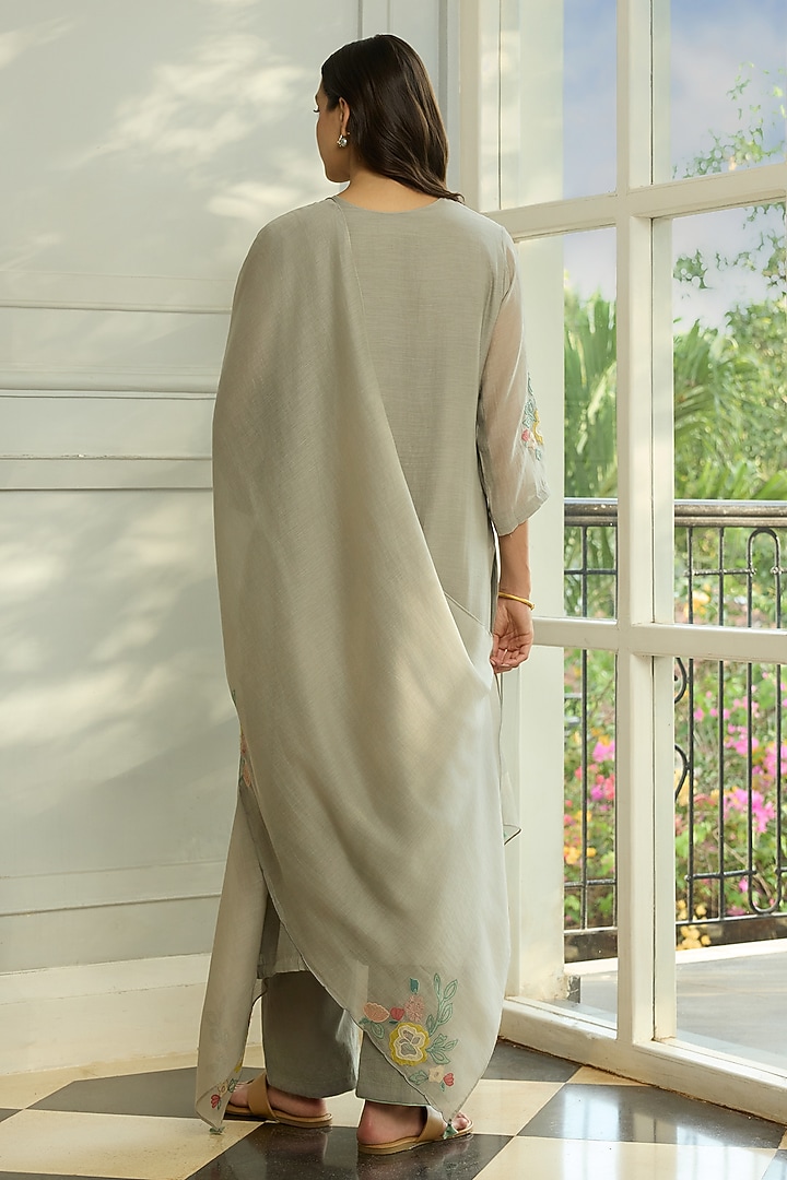 Slate-Colored Muslin Cotton Applique Motifs Embroidered Kurta Set by Vaayu at Pernia's Pop Up Shop