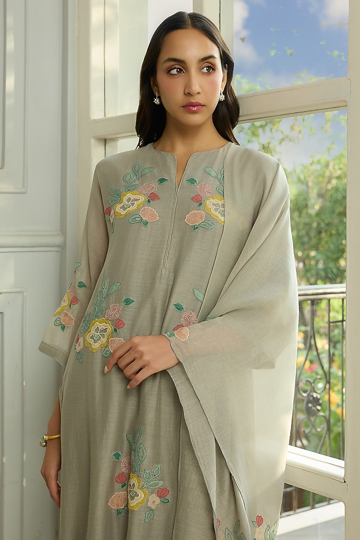 Slate-Colored Muslin Cotton Applique Motifs Embroidered Kurta Set by Vaayu at Pernia's Pop Up Shop