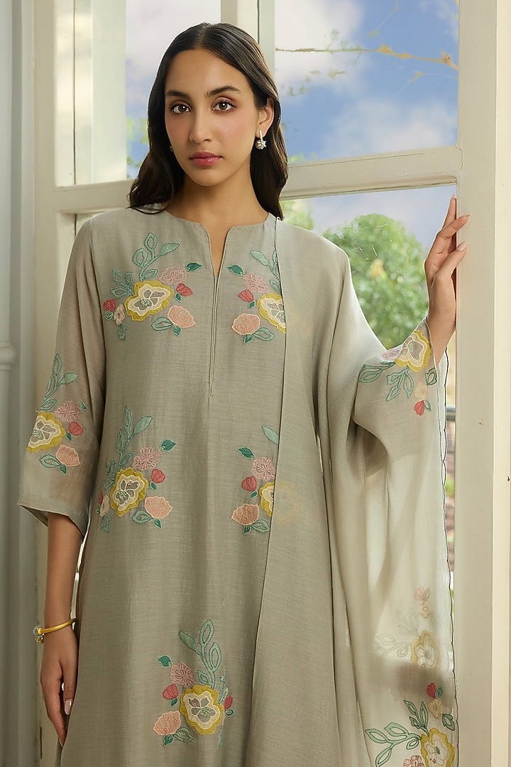 Slate-Colored Muslin Cotton Applique Motifs Embroidered Kurta Set by Vaayu at Pernia's Pop Up Shop
