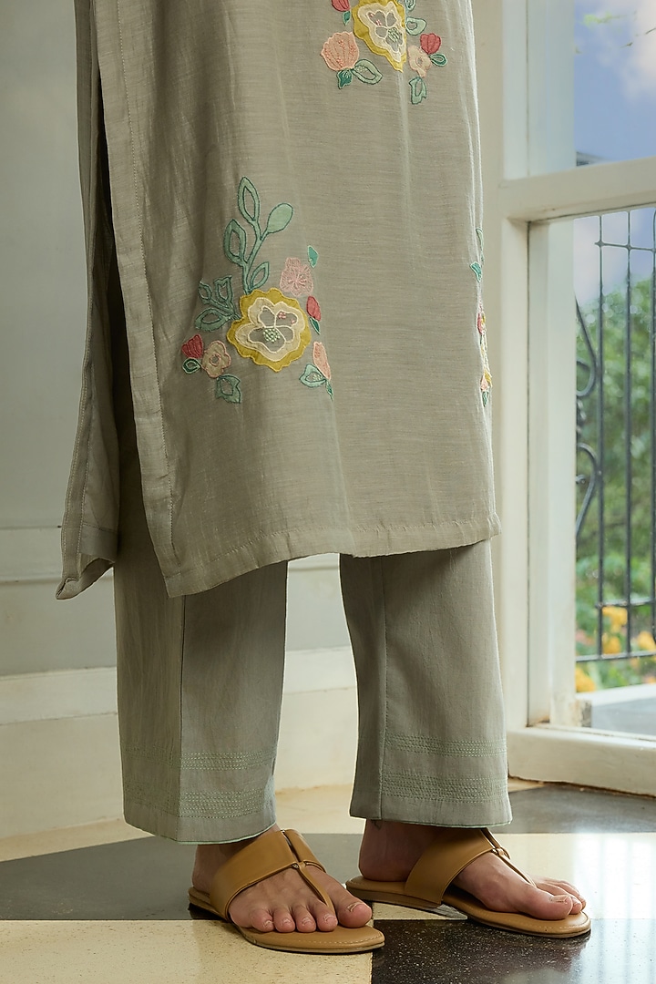 Slate-Colored Muslin Cotton Applique Motifs Embroidered Kurta Set by Vaayu at Pernia's Pop Up Shop