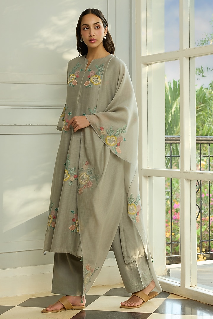 Slate-Colored Muslin Cotton Applique Motifs Embroidered Kurta Set by Vaayu at Pernia's Pop Up Shop