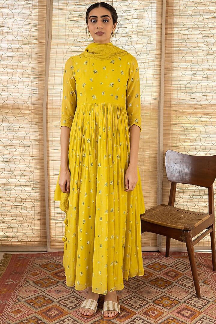 Daffodil Yellow Floral Printed Anarkali Set by Vaayu at Pernia's Pop Up Shop