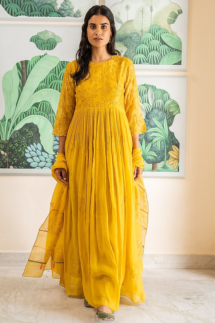 Canary Floral Printed Anarkali Set by Vaayu