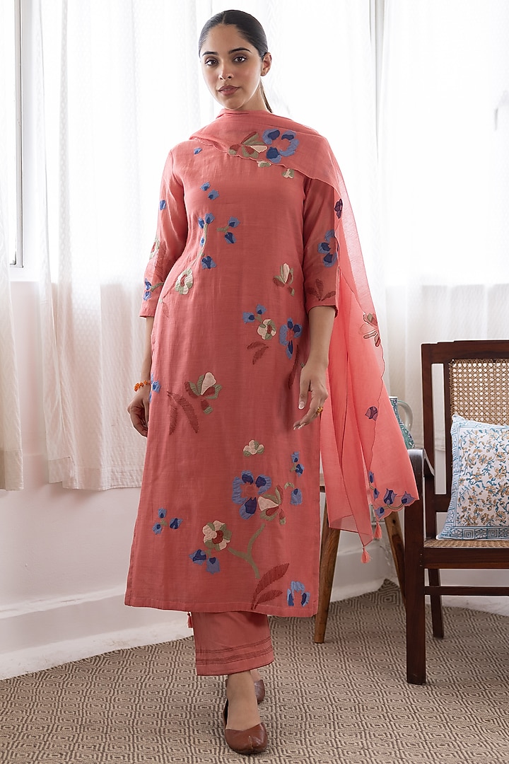 Apricot Cotton Muslin Embroidered Kurta Set Design by Vaayu at Pernia's