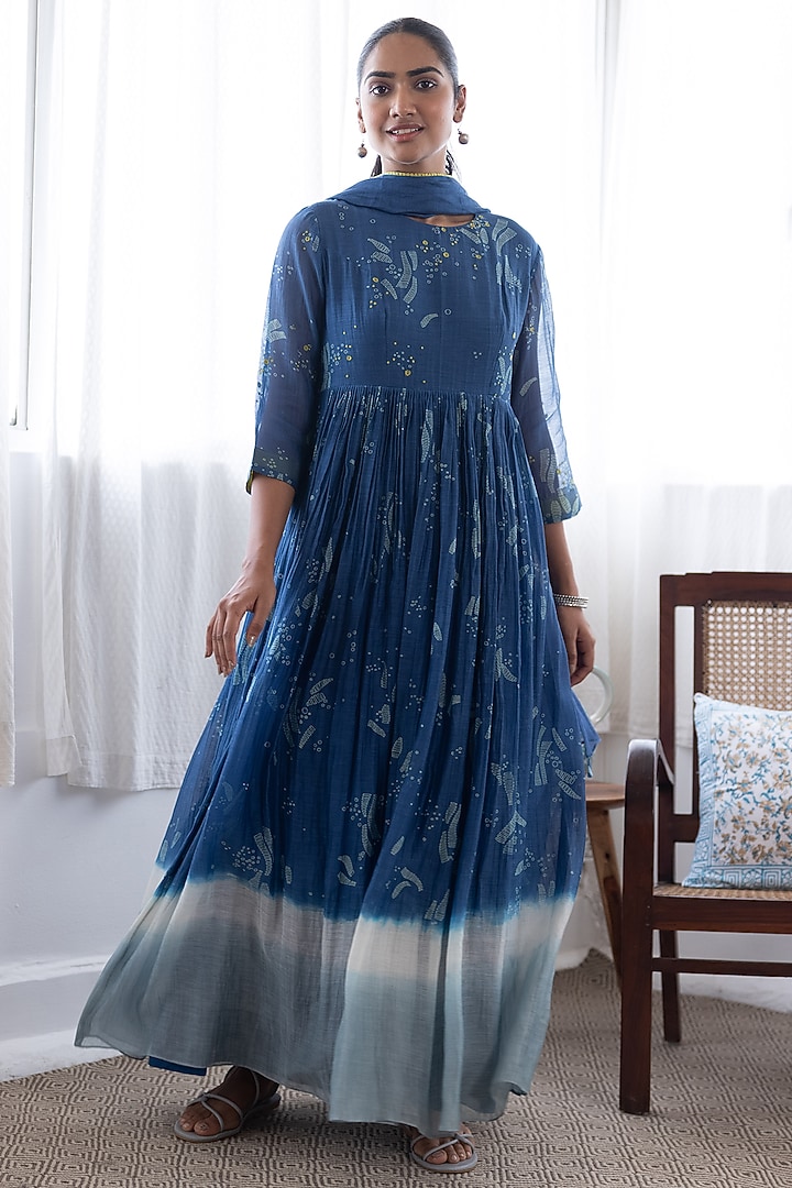 Ink Floral Cotton Muslin Printed Anarkali Set by Vaayu at Pernia's Pop Up Shop