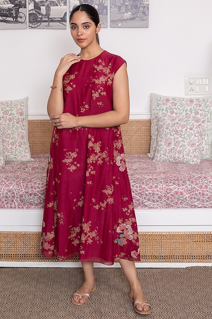 Garnet Cotton Muslin Embroidered & Printed Dress by Vaayu