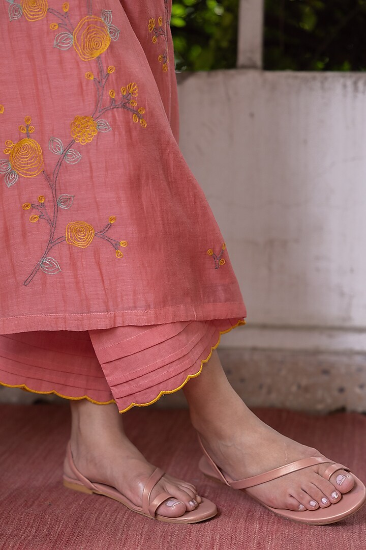 Apricot Cotton Muslin Applique Kurta Set by Vaayu at Pernia's Pop Up Shop