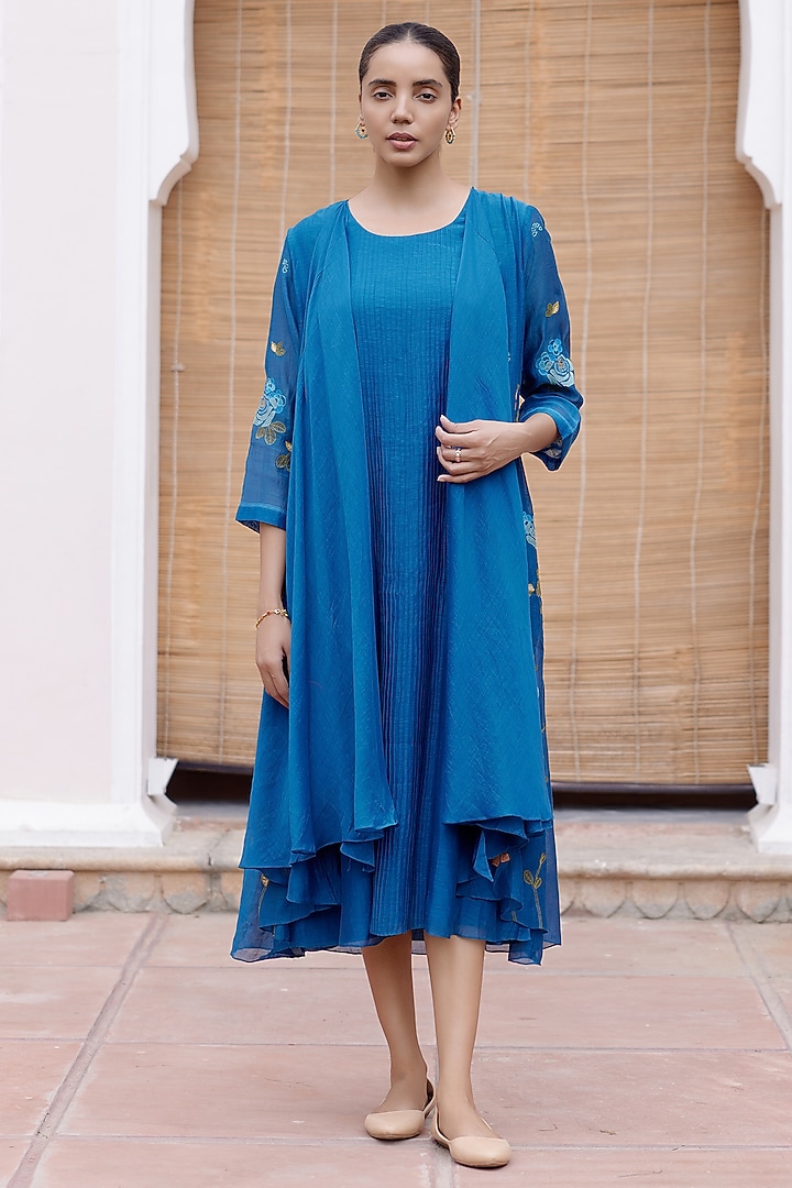 Sapphire Muslin Cotton Floral Applique Embroidered Jacket Summer Dress by Vaayu at Pernia's Pop Up Shop