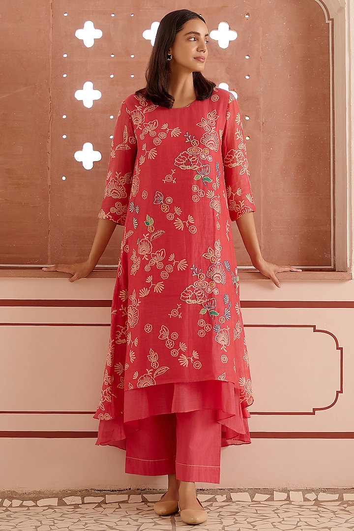 Rosewood Muslin Cotton Embroidered & Printed Co-Ord Set by Vaayu at Pernia's Pop Up Shop