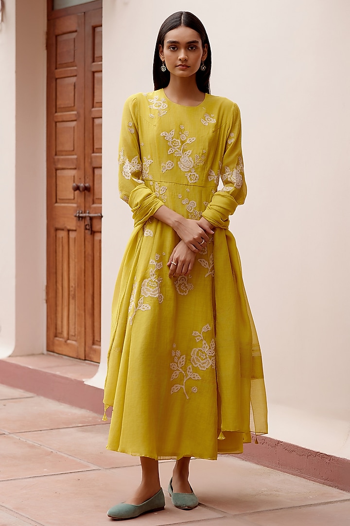 Citrine Muslin Cotton Floral Embroidered Anarkali Set by Vaayu at Pernia's Pop Up Shop