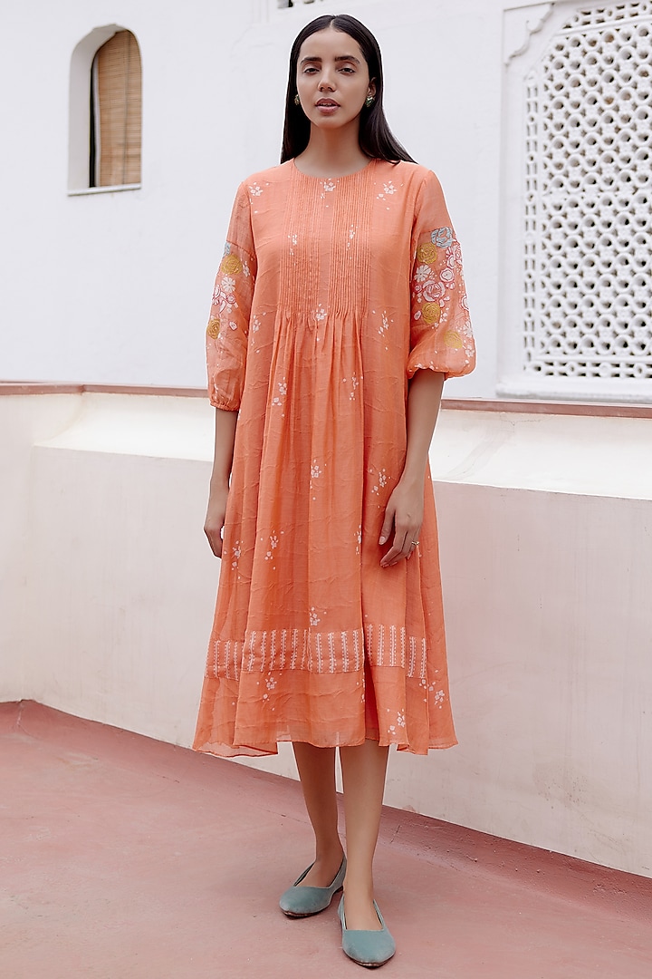 Tangerine Muslin Cotton Embroidered & Floral Printed Midi Dress by Vaayu at Pernia's Pop Up Shop