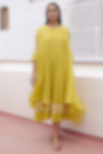 Citrine Muslin Cotton Printed & Embroidered Jacket Summer Dress by Vaayu at Pernia's Pop Up Shop