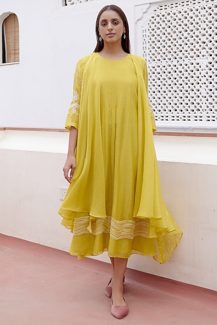 Citrine Muslin Cotton Printed & Embroidered Jacket Summer Dress by Vaayu at Pernia's Pop Up Shop