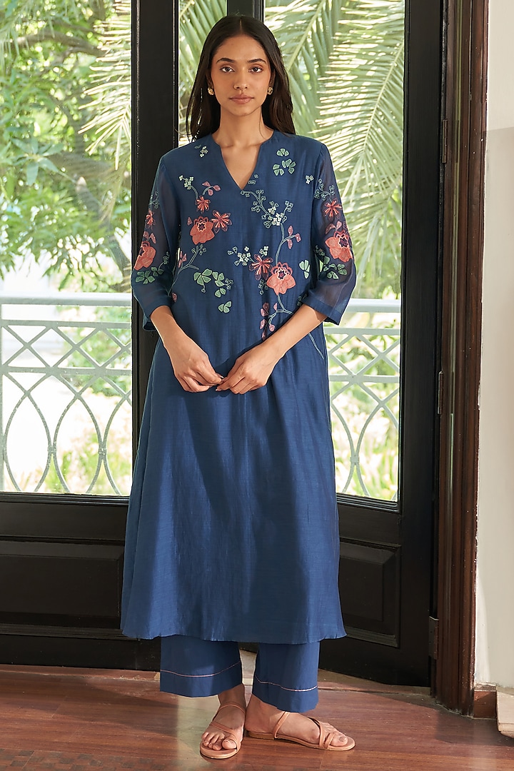 Ocean Blue Muslin Cotton Floral Applique Kurta Set by Vaayu at Pernia's Pop Up Shop