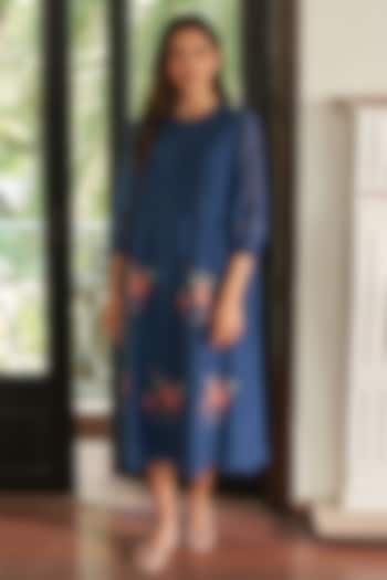 Ocean Blue Muslin Cotton Floral Embroidered Pintuck Midi Summer Dress by Vaayu at Pernia's Pop Up Shop
