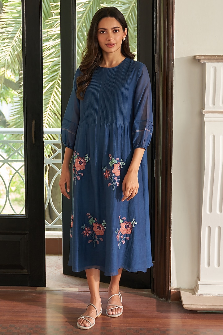 Ocean Blue Muslin Cotton Floral Embroidered Pintuck Midi Summer Dress by Vaayu at Pernia's Pop Up Shop