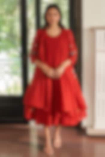 Poppy Red Muslin Cotton Floral Embroidered Asymmetric Jacket Summer Dress by Vaayu at Pernia's Pop Up Shop