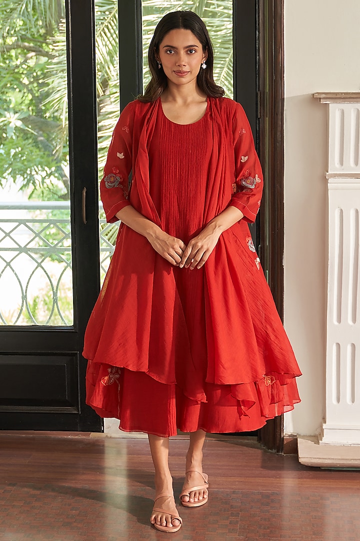 Poppy Red Muslin Cotton Floral Embroidered Asymmetric Jacket Summer Dress by Vaayu at Pernia's Pop Up Shop