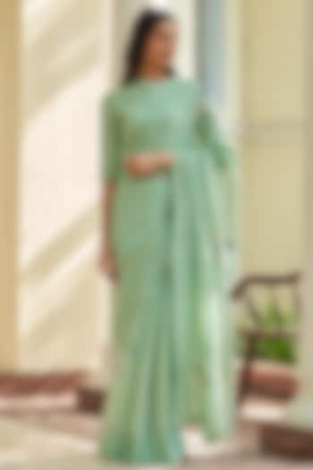 Mint Muslin Cotton Floral Embroidered Festive Saree Set by Vaayu at Pernia's Pop Up Shop