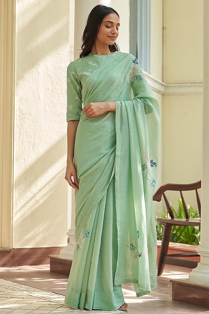 Mint Muslin Cotton Floral Embroidered Festive Saree Set by Vaayu at Pernia's Pop Up Shop