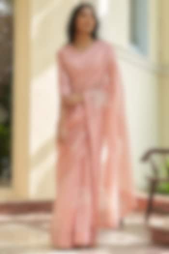 Tulip Pink Muslin Cotton Applique Embroidered Party Wear Saree Set by Vaayu at Pernia's Pop Up Shop