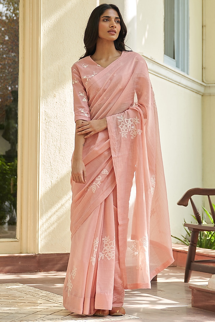 Tulip Pink Muslin Cotton Applique Embroidered Party Wear Saree Set by Vaayu at Pernia's Pop Up Shop