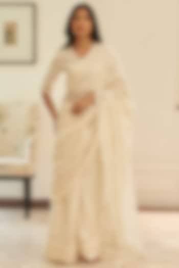 Swan-Colored Muslin Cotton Floral Embroidered Festive Saree Set by Vaayu at Pernia's Pop Up Shop