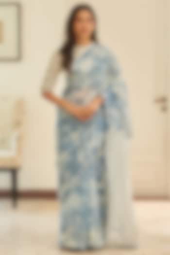 Powder Blue Muslin Cotton Floral Printed Festive Saree Set by Vaayu at Pernia's Pop Up Shop