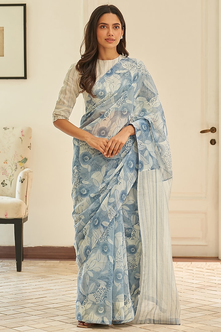 Powder Blue Muslin Cotton Floral Printed Festive Saree Set by Vaayu at Pernia's Pop Up Shop