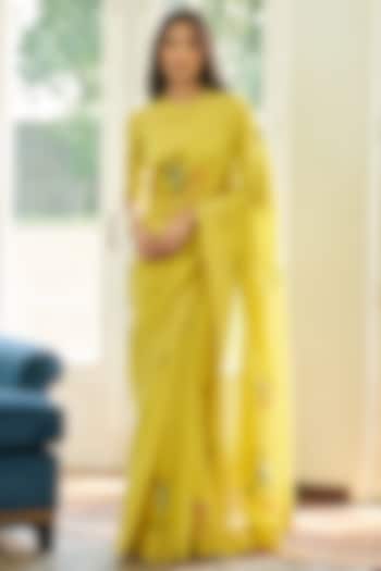 Daffodil-Colored Muslin Cotton Applique Embroidered Festive Saree Set by Vaayu at Pernia's Pop Up Shop