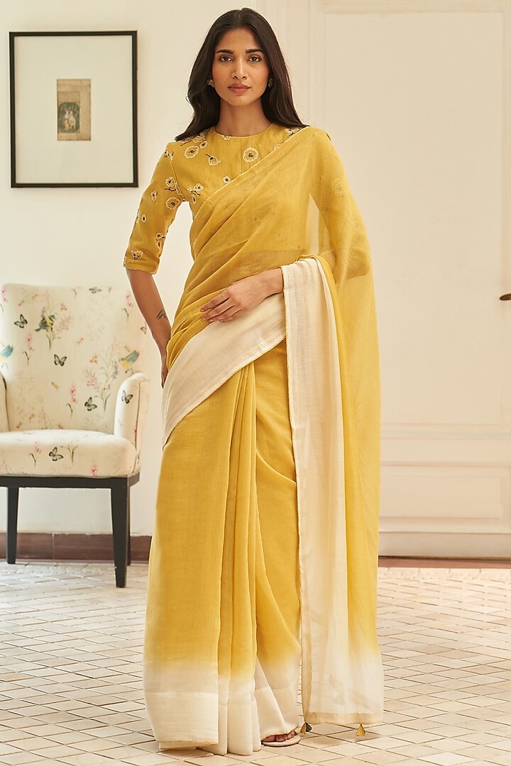 Rue-Colored Ombre Muslin Cotton Festive Saree Set by Vaayu at Pernia's Pop Up Shop