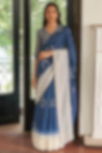 Ocean Blue Muslin Cotton Floral Printed Festive Saree Set by Vaayu at Pernia's Pop Up Shop