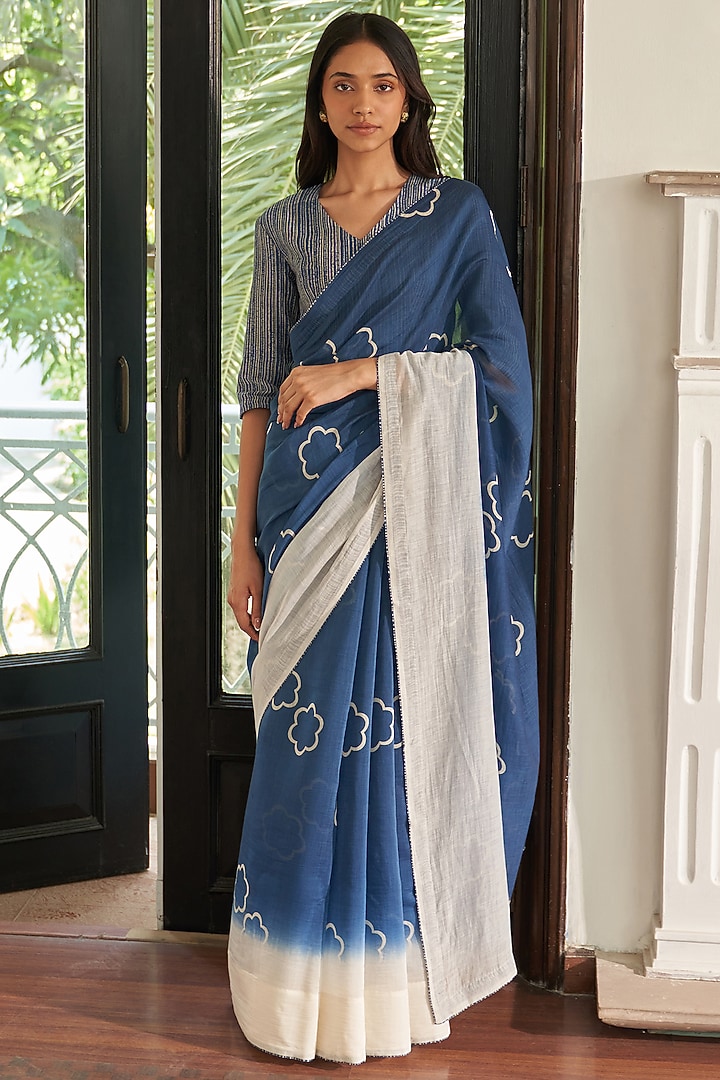 Ocean Blue Muslin Cotton Floral Printed Festive Saree Set by Vaayu at Pernia's Pop Up Shop