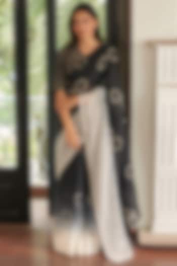 Noir Black Ombre Muslin Cotton Floral Printed Festive Saree Set by Vaayu at Pernia's Pop Up Shop
