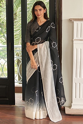 Noir Black Ombre Muslin Cotton Floral Printed Saree Set by Vaayu